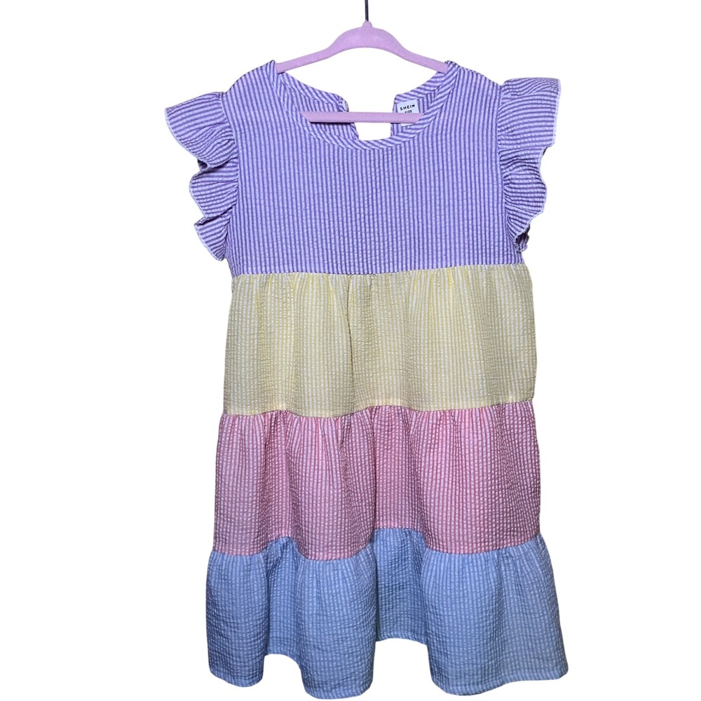 Shein Tiered Seersucker Dress Kids 6Y Multicolor Flutter Sleeve Colorblock
